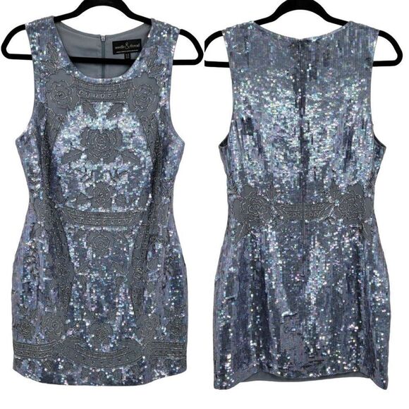 Revolve Needle & Thread Dress Dust Lace Mini Sequined Formal Sheath Dust Blue 10 - Picture 2 of 16